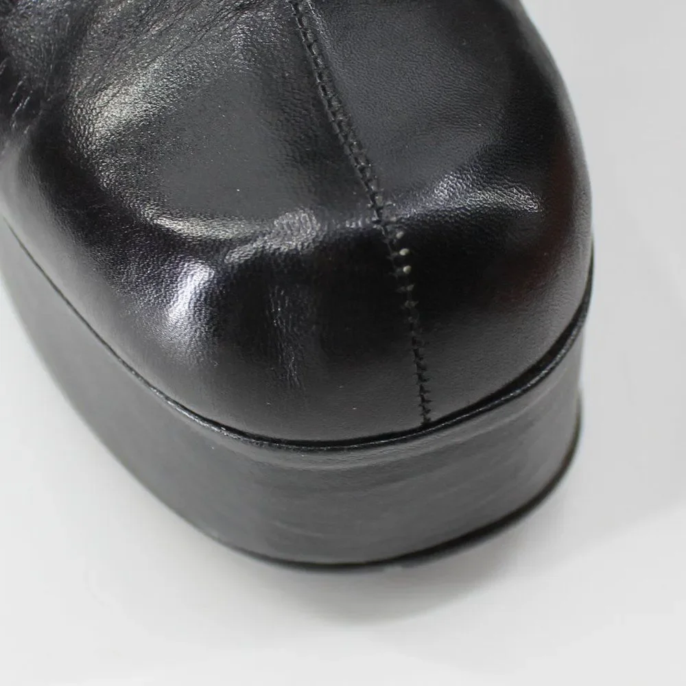 Luichiny Black Leather Platform Ankle Boots Round Toe Spool Heel Spain 37